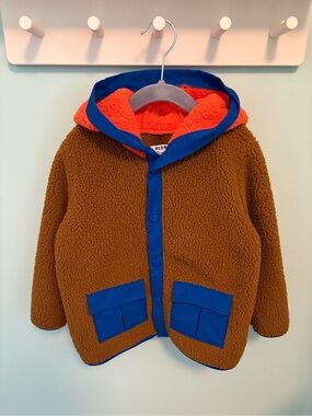 Old Navy Brown Sherpa Jacket with Blue Trim and Orange Hood Lining